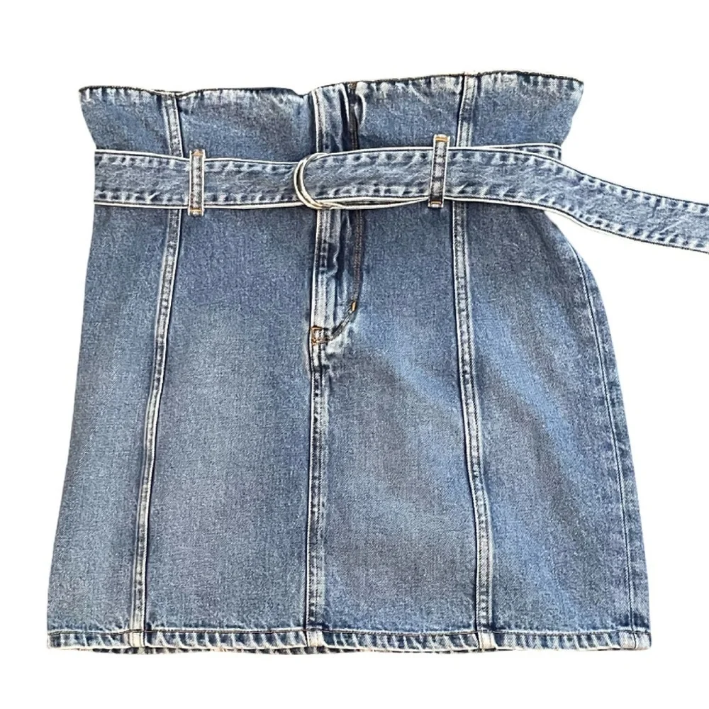 IRO Melay Denim Mini Skirt in Medium Blue Belted Paperbag Waist US Size 6 EU 38